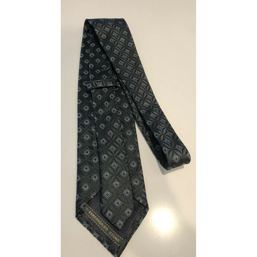 Ermenegildo Zegna Silk Tie Men's Gray Green Geometric Pattern Italy Classic